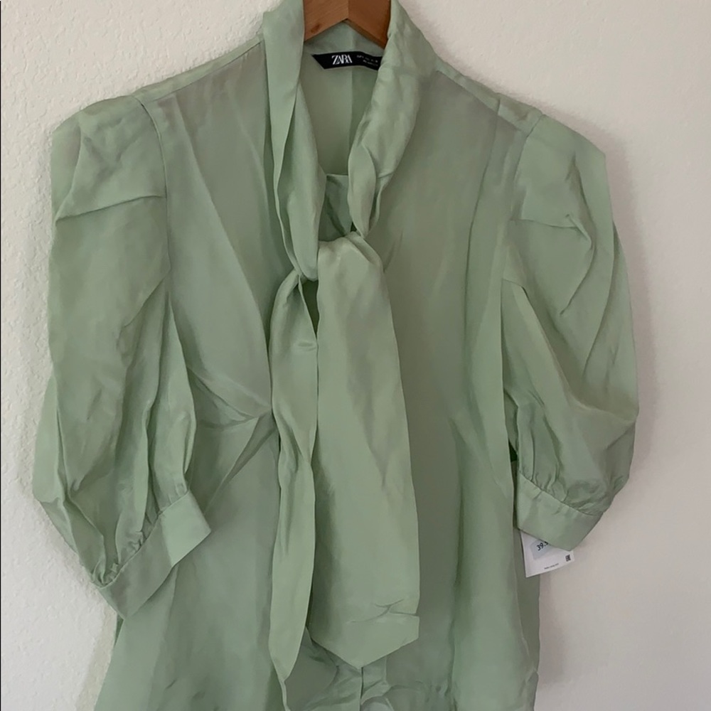 ZARA Mint Green Pussy Bow Blouse